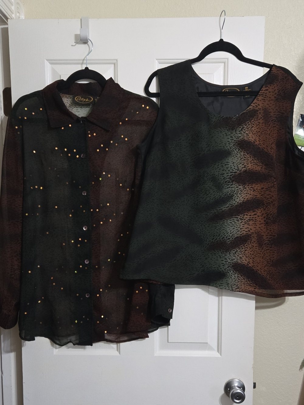 Women's Brown & Dark Green Sleeveless Shell and Sheer Button-Up Blouse Set
